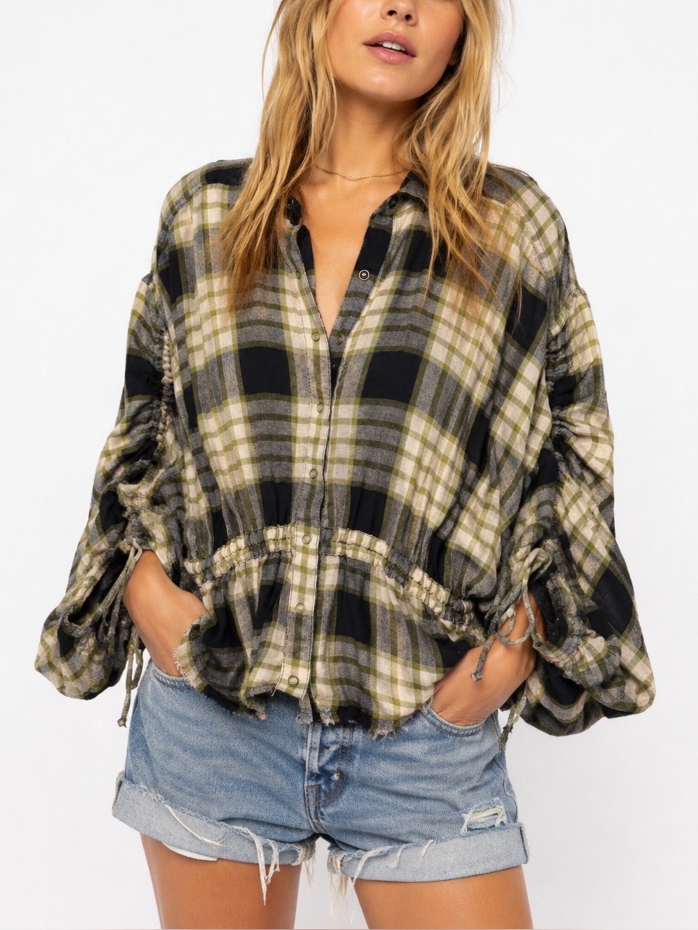Free People Pacific Dawn Plaid Shirt Drawstring Ruched Black Combo S Wool Blend